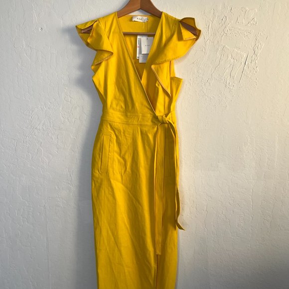 NWT A.L.C Yellow Walker Ruffled Shoulder Midi Dress Size 4 - Picture 6 of 9